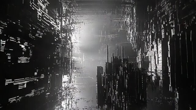 Abstract dark digital corridor featuring glitch art textures and reflective surfaces, creating a futuristic and technological background representing data processing