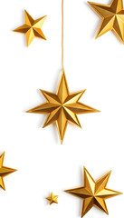 Obraz premium Golden decorative stars hanging on white background for holidays 