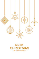 Luxury gold Christmas ornaments line art vector; Minimalist elegant hanging baubles decoration; Festive greeting card template