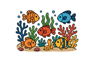 Flat vector illustration of colorful fish swimming coral reef vivid plants and shells rounded fins clean outline