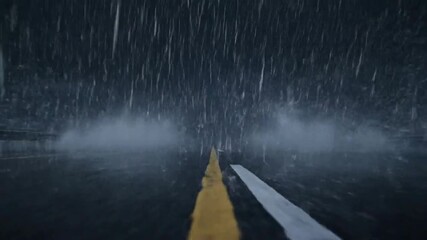 Dramatic Roadway Scenes: Intense Lightning Storm Over Wet Asphalt During a Heavy Downpour