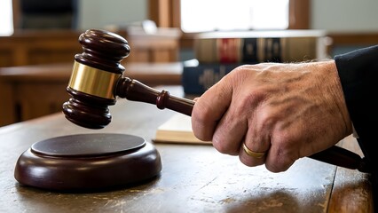 Legal Auction Hammer and Gavel on Table.