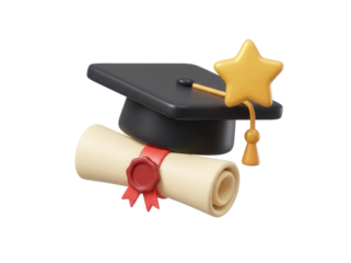 A 3D icon of a graduation cap with a diploma, representing educational achievements and learning milestones, with a star for completion.