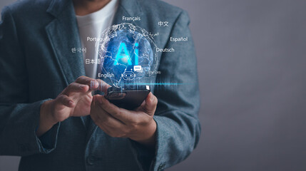 concept of artificial intelligence in language translation, business people using smartphone, AI technology to facilitate multilingual communication, global connectivity, digital transformation