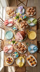 Fototapeta premium Abundant festive Easter brunch spread featuring glazed ham and sweet pastries on rustic table