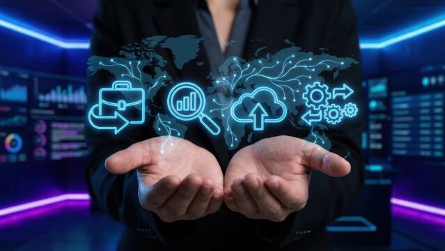 Business analytics and digital transformation in technology industry infographic visuals futuristic environment business perspective