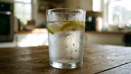 Refreshing Lemon Lime Sparkling Water on Wooden Table.