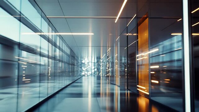 Long corridor in a modern server room or data center, featuring glass walls, glowing light strips, and motion blur effects symbolizing rapid data transfer and technology infrastructure