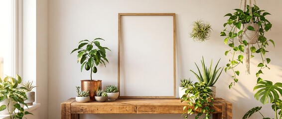 A Botanical Gallery: A stylish wooden frame takes center stage amidst a carefully curated selection of vibrant greenery. This setup is a perfect for art and nature lovers.
