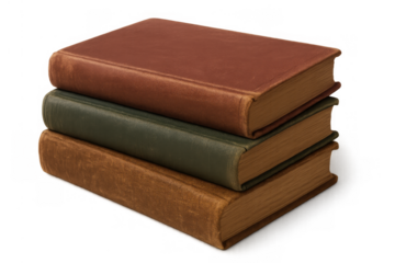 Stack of three antique books with textured covers representing literacy, education, and learning on a transparent background