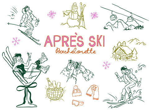 Set of hand drawn Apres Ski doodle icons, After Ski Bachelorette Weekend and Hen Party illustrations for invitations, stationery and web icons
