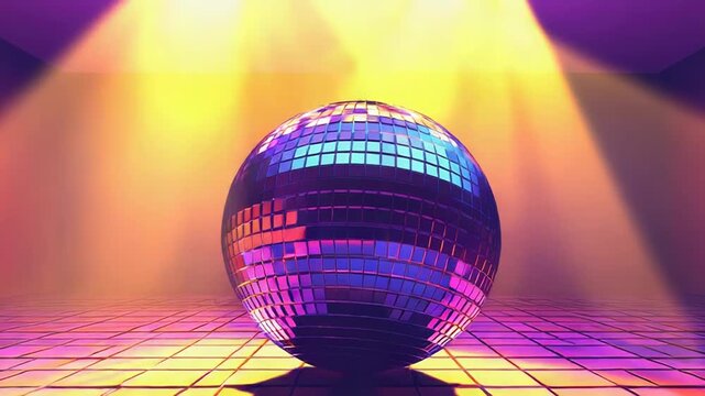 Disco ball reflecting vibrant purple and orange light beams onto a tiled dance floor, creating an exciting atmosphere for a retro party or nightclub event