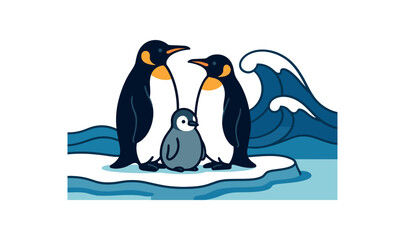 Flat vector illustration of bright family on icy shore with bold waves rounded shapes clean outline clean white background