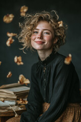 Young woman smiling with flower petals floating around her and books