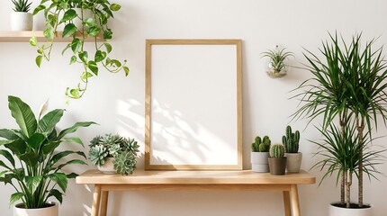 Serene Botanical Display: A clean interior setting with framed art, and an array of lush houseplant in an inviting and refreshing space.