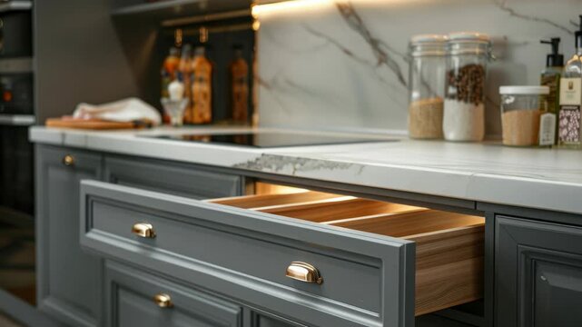 Video A close-up view of a kitchen drawer with utensils and storage compartments inside