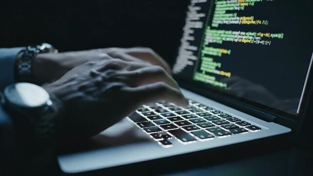 Close-up of a person's hands typing code on a laptop in low light with green text on screen and a watch on wrist