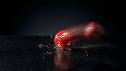 Red D20 Dice Falling into Water Splash.