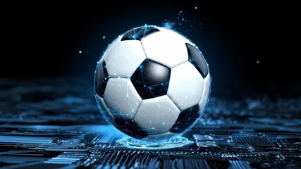 Dynamic soccer ball spinning in a digital environment with glowing circuits and a futuristic backdrop - Powered by Adobe