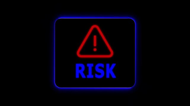 Neon framed square with red risk symbol and text on black background warning alert.