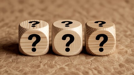 Three wooden dice showing question marks, representing chance, uncertainty, and the unknown.