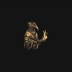Vintage plague doctor holding a red flame torch in woodcut engraving style isolated on black background