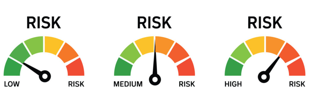Risk meter icon, gauge indicator showing low, medium, and high risk levels, vector illustration