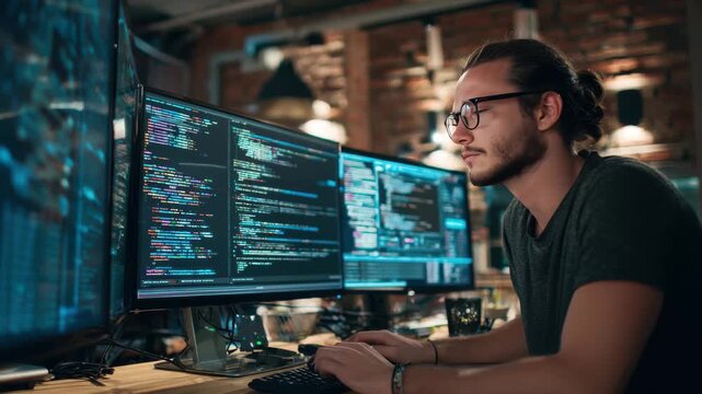 Young man coding at computer workstation in a modern office environment during evening hours