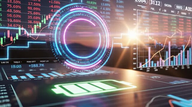 A glowing display presents vibrant stock market data with graphs and colorful indicators. The display and data illuminate the room, reflecting the dynamic world of finance and trad