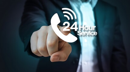 Businessman points to a glowing 24 Hour Service icon, representing constant customer support and availability