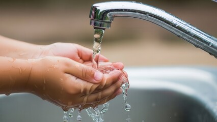 Child washing hands under faucet