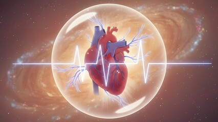 Digital Illustration of Human Heart with Heartbeat Line.