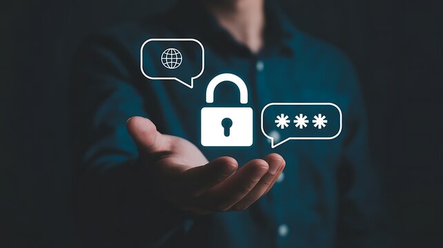 Person's outstretched hand presents a digital padlock icon with globe and password symbols for security and privacy - Powered by Adobe