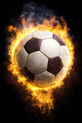 Fototapeta premium Soccer ball engulfed in dramatic flames and fire with explosive energy effect