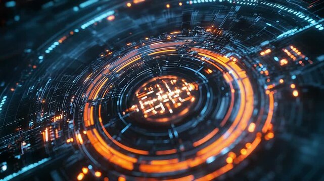 Digital circuit core featuring a vibrant central glowing element, radiating data and information in a dynamic abstract setting, representing innovation and technology