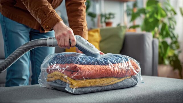 Person Using Vacuum Sealer to Compress Clothes in a Storage Bag clothes storage space saving