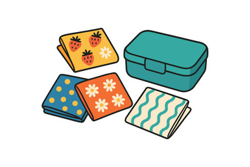 Flat vector illustration of bright reusable cloth napkins with playful patterns beside lunchbox rounded shapes clean outline clean white background