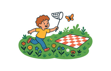 Flat vector illustration of bright kid chasing butterfly near picnic blanket vivid meadow flowers rounded shapes clean outline clean white background