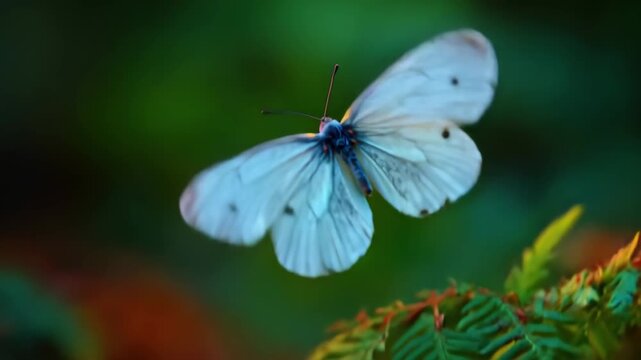 Delicate white butterfly with blue markings resting on a green fern leaf insect nature