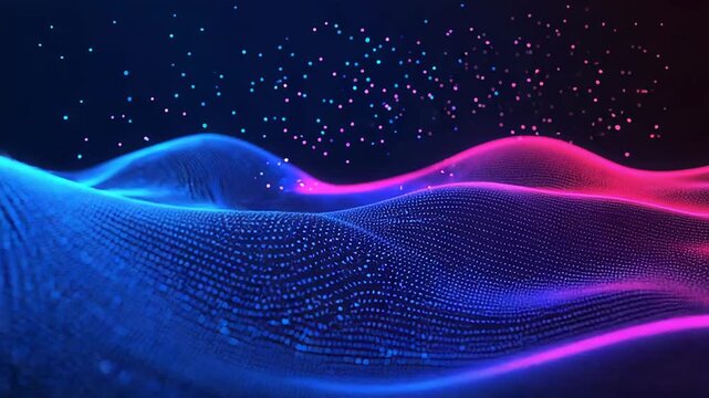 Abstract technology background showing moving dots, lines, and wave functions, representing data visualization, network connections, and science innovation