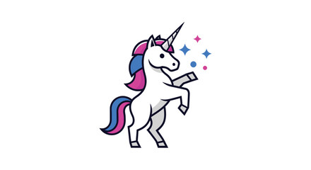 White unicorn logo with blue/pink mane & tail, standing with stars © JSTYLO