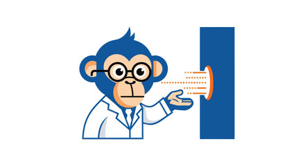 Cartoon monkey scientist presenting data via hole © JSTYLO