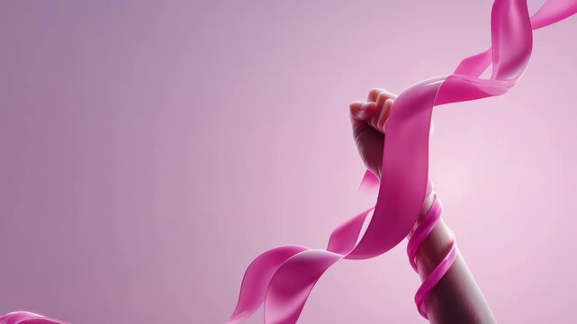 Woman's fist wrapped in flowing pink ribbon against a soft pink background hand strength