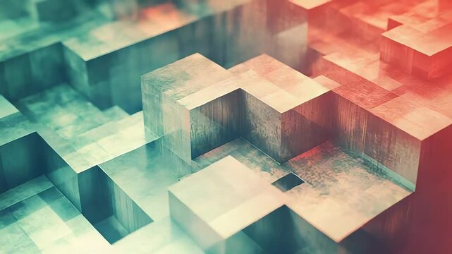 Abstract background showing a textured 3d geometric maze pattern made of intersecting cube shapes, featuring a dynamic gradient split between teal and red hues