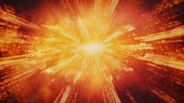 Abstract light explosion creating a dynamic burst of energy, with bright orange and red rays radiating outwards, simulating speed and technological connection in a futuristic concept