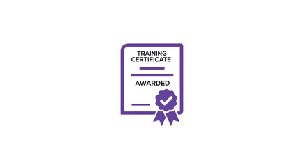 Purple certificate icon, "Training Certificate, Awarded," with a checkmark badge