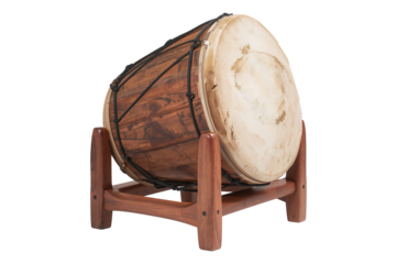 Traditional Indonesian wooden barrel drum (Gendang) on a dark brown display stand, isolated on white background.