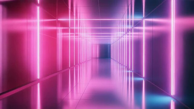 Long futuristic corridor illuminated by vibrant neon lights creating a perspective view with glowing reflections on the polished floor, symbolizing technology and infinity