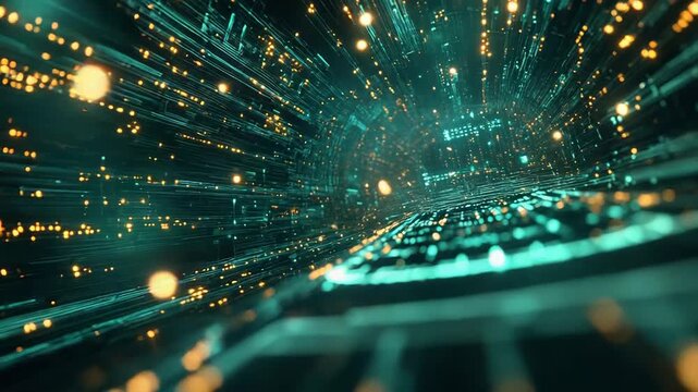 Digital data streams race through an abstract fiber optic tunnel, glowing particles and light trails conveying high speed information transfer, global connectivity and futuristic tech