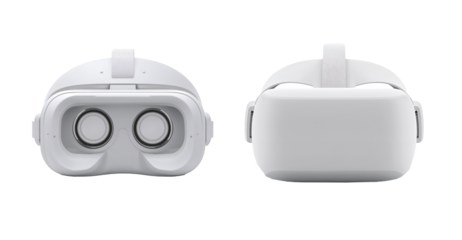 Front and back views of a white virtual reality headset isolated on a white background.
